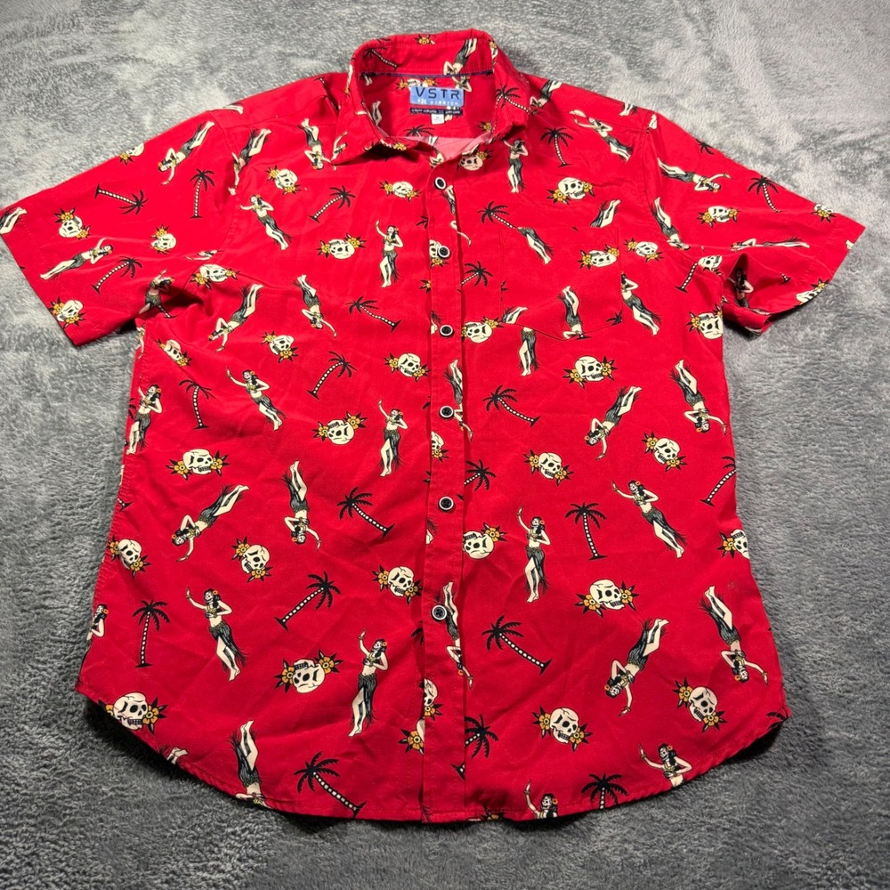 VSTR Mens Red Hula‎ Skeleton Skull Palm Tree Short Sleeve Stretch Shirt Medium